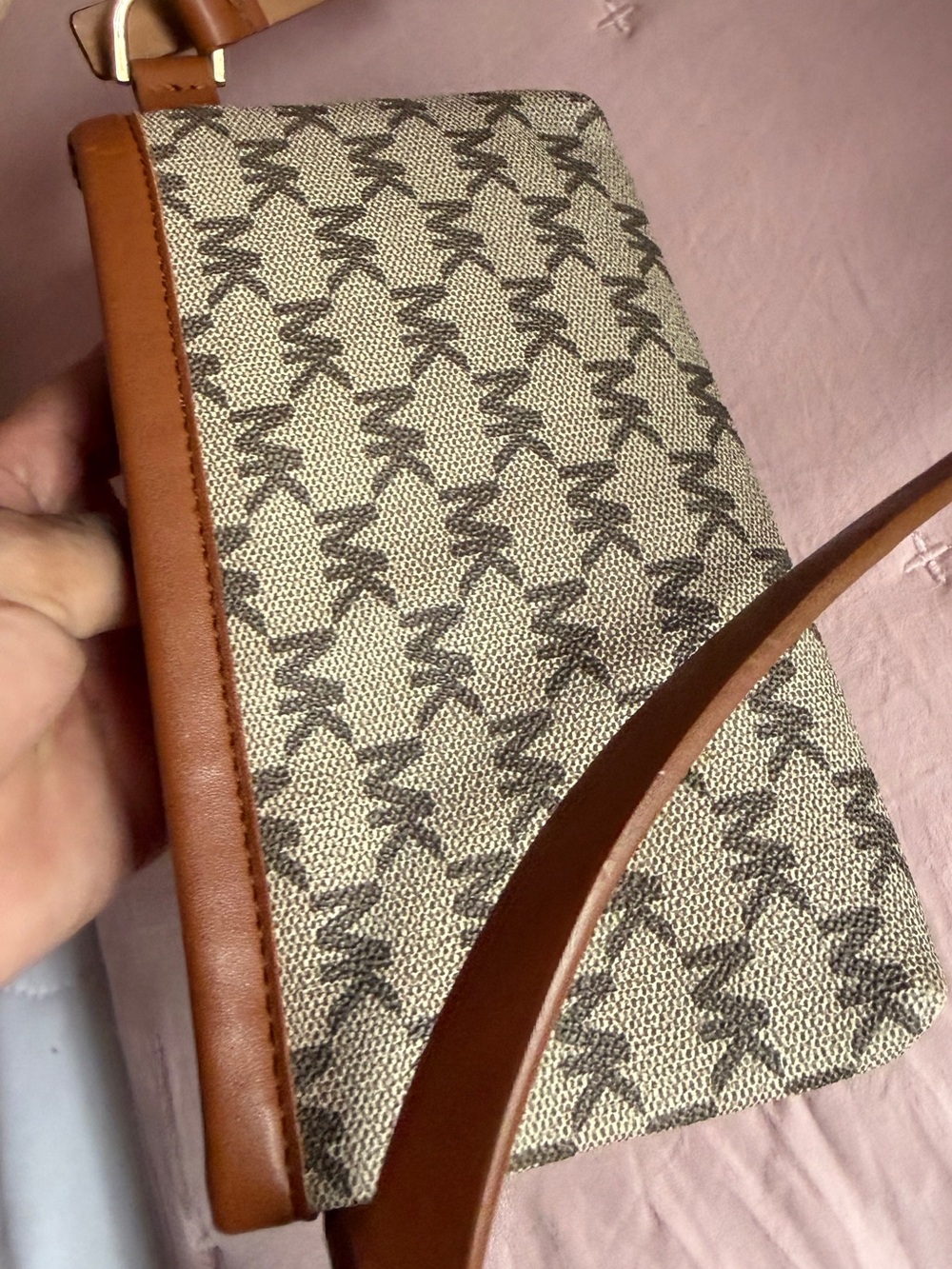 Leather-Trim Crossbody Bag in Tan and Beige